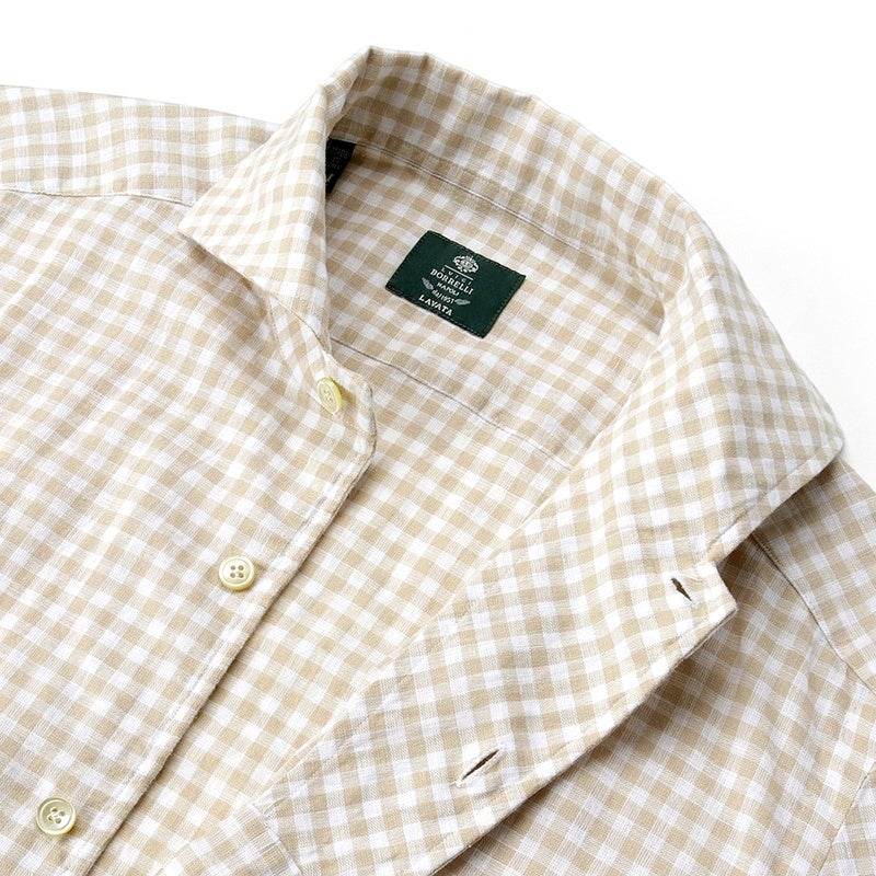 LUIGI BORRELLI 15½ リネンコットン ドレスシャツ イタリア製 26SS リネンコットンポプリンチェックイタリアンカラーカジュアル