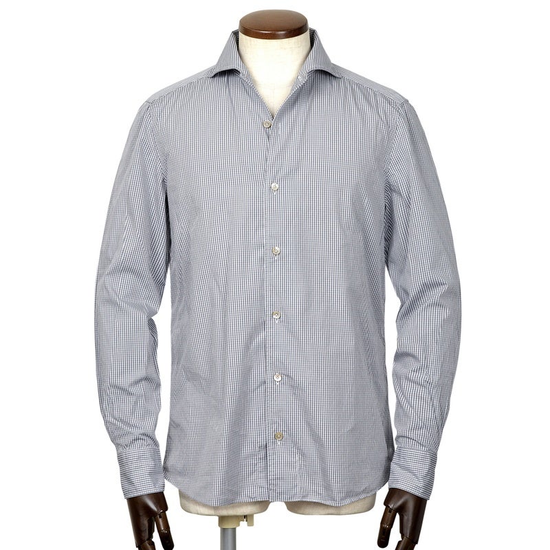 Cerruti Napoli グレー 長袖シャツ 26-27AW コットンポプリンチェックイタリアンカラーカジュアルシャツ